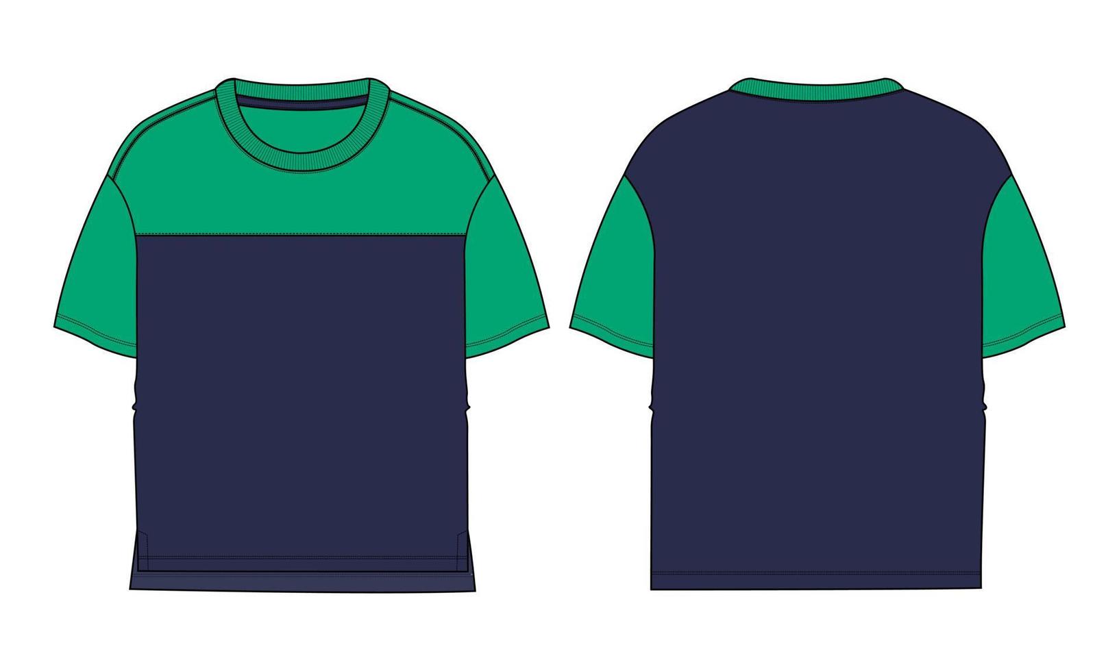 tvåfärgad marinblå, grön färg kortärmad grundläggande t-shirt övergripande teknisk mode platt skiss vektorillustration mall fram- och bakvyer. grundläggande kläddesign mock up för barn, pojkar vektor