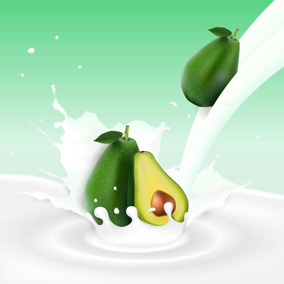 fließender milchspritzer mit avocadofrüchten vektor