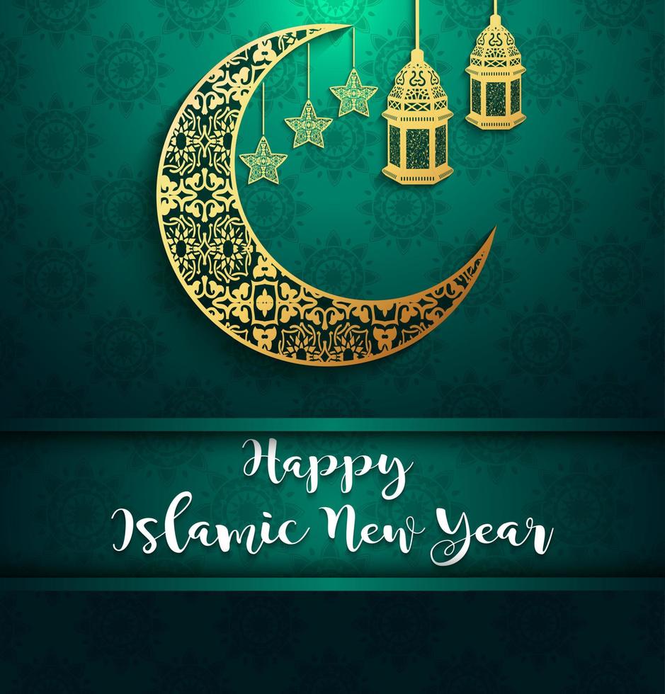 glänsande bakgrund med guldhalvmåne och hängande lykta för att fira islamiskt nyår vektor