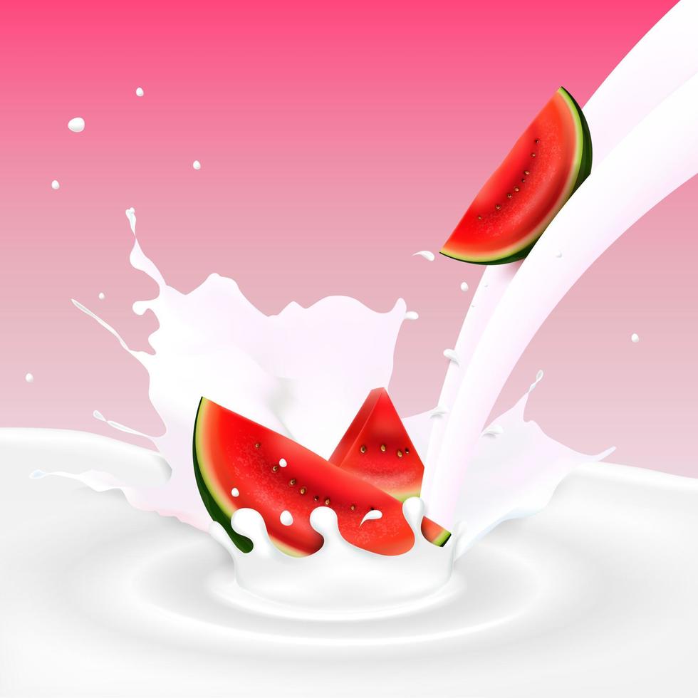 vektorillustration des fließenden milchspritzers mit wassermelonenscheiben vektor