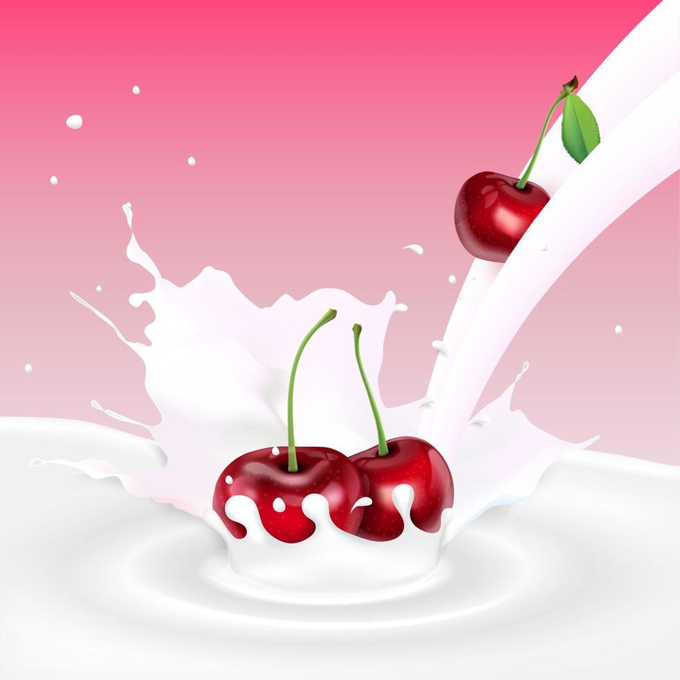 vektor illustration av flödande mjölk stänk med körsbär frukter
