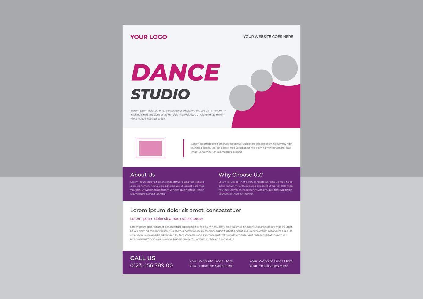 dansstudio flyer mall, dans studio affisch reklamblad, dans klass affisch broschyr design. A4-mall, broschyrdesign, omslag, flygblad, affisch, klar för utskrift vektor