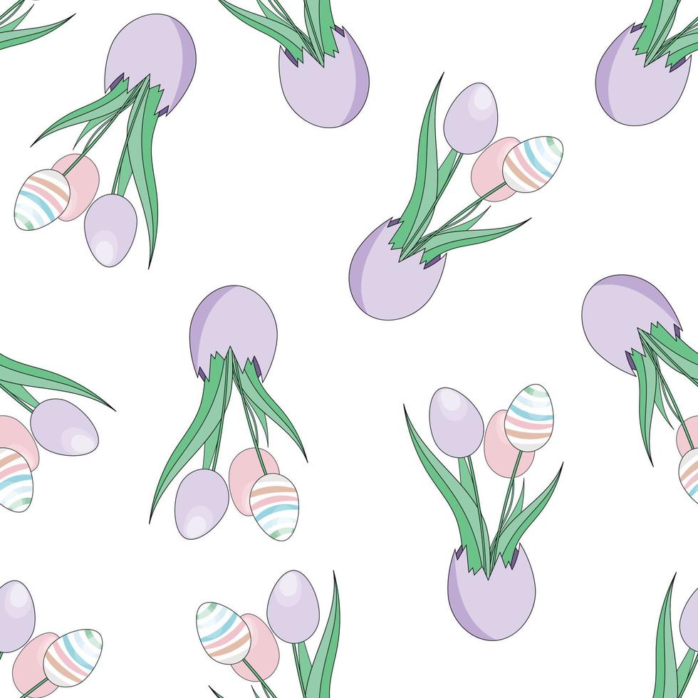 Nahtloses Muster, Osterstrauß aus Tulpen in Form eines Eies, auf weißem Hintergrund. vektor