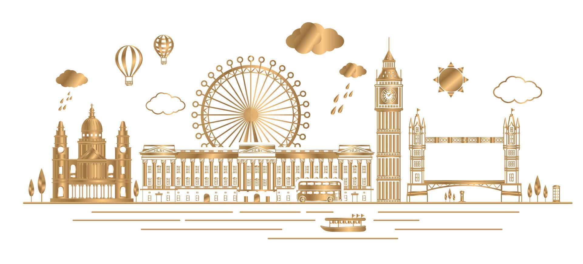 Vektor. goldene farbe london, england und vereinigtes königreich wahrzeichen skyline, berühmter ort, reise- und touristenattraktion vektor