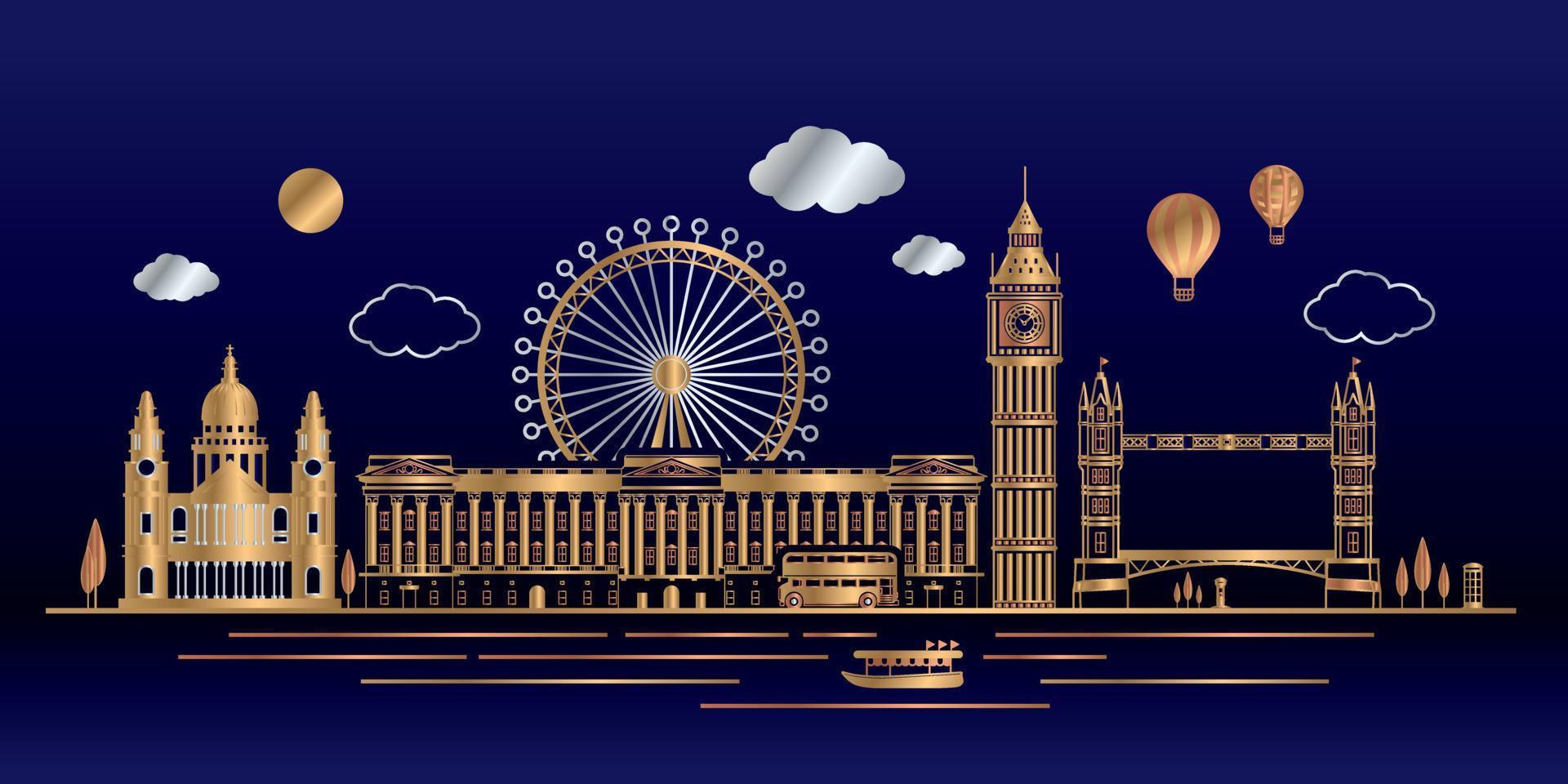 vektor. guldfärg london, england och Storbritannien landmärken skyline, berömd plats, resor och turistattraktion vektor