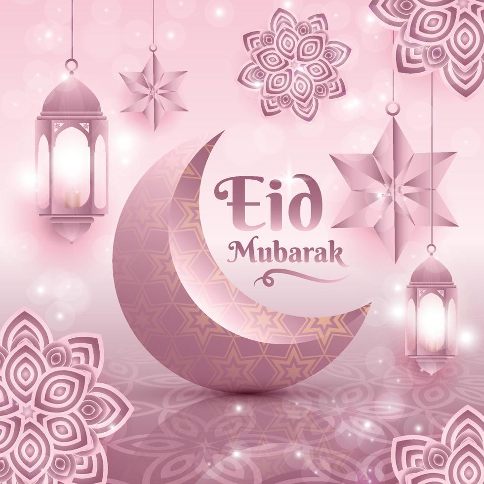 eid mubarak, eid al adha, eid al fitr, hälsningar, firande, kalligrafikort vektordesign med måne och lykta vektor