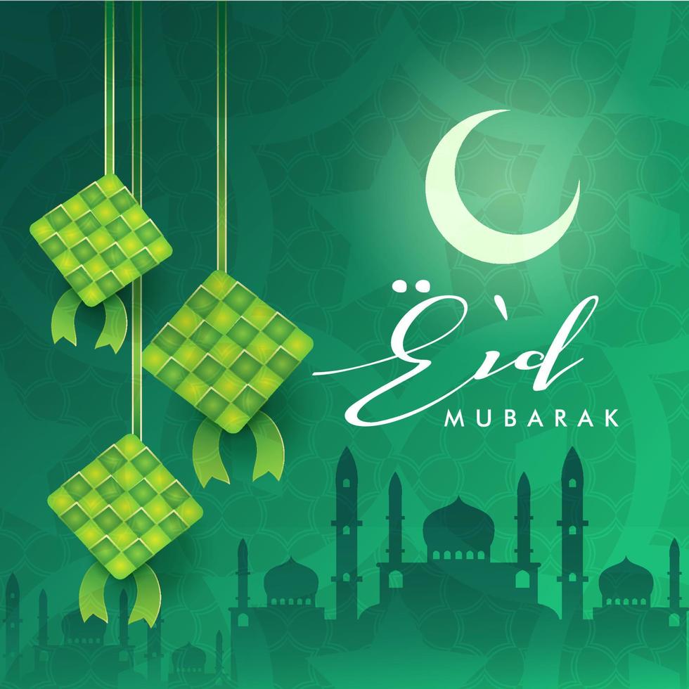 eid mubarak, eid al adha, eid al fitr grünes islamisches vektorplakatbanner mit mond- und moscheendesign vektor