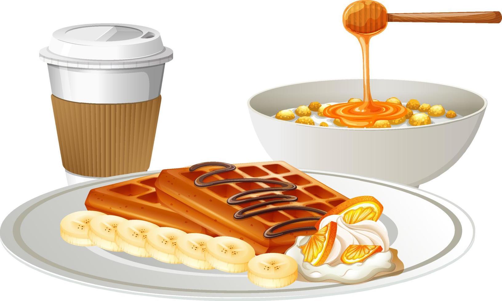 frukostmåltid med våfflaskål och kaffe vektor