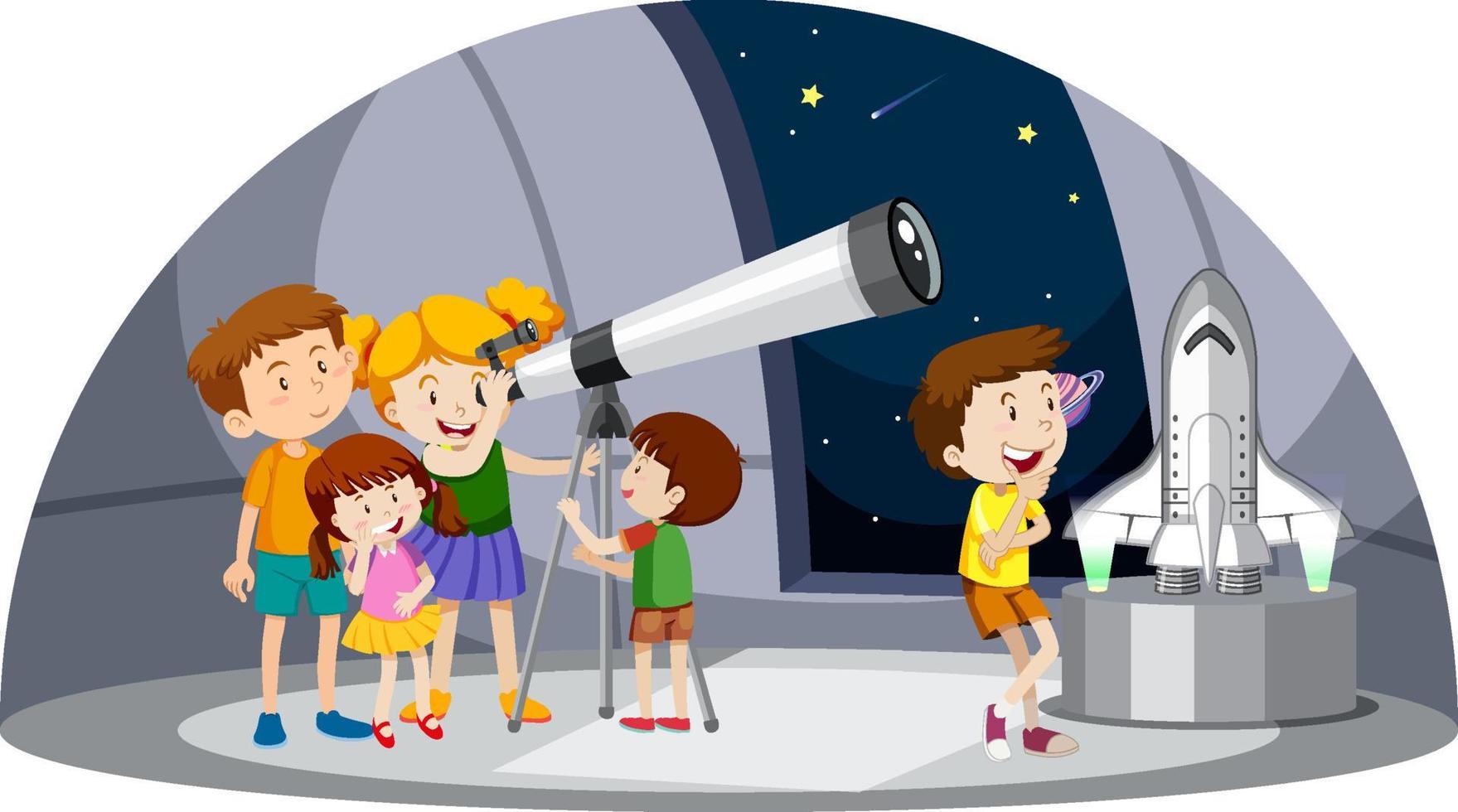 astronomiethema mit kindern, die teleskop betrachten vektor