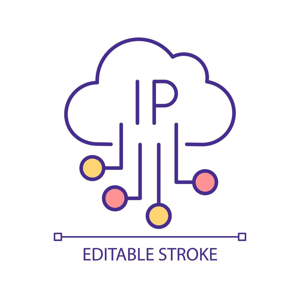 Cloud-basiertes IP-Netzwerk RGB-Farbsymbol. Funktionen des Cyberspace. Verbindung und Kommunikation. isolierte vektorillustration. einfache gefüllte Strichzeichnung. editierbarer Strich. Schriftart Arial verwendet vektor