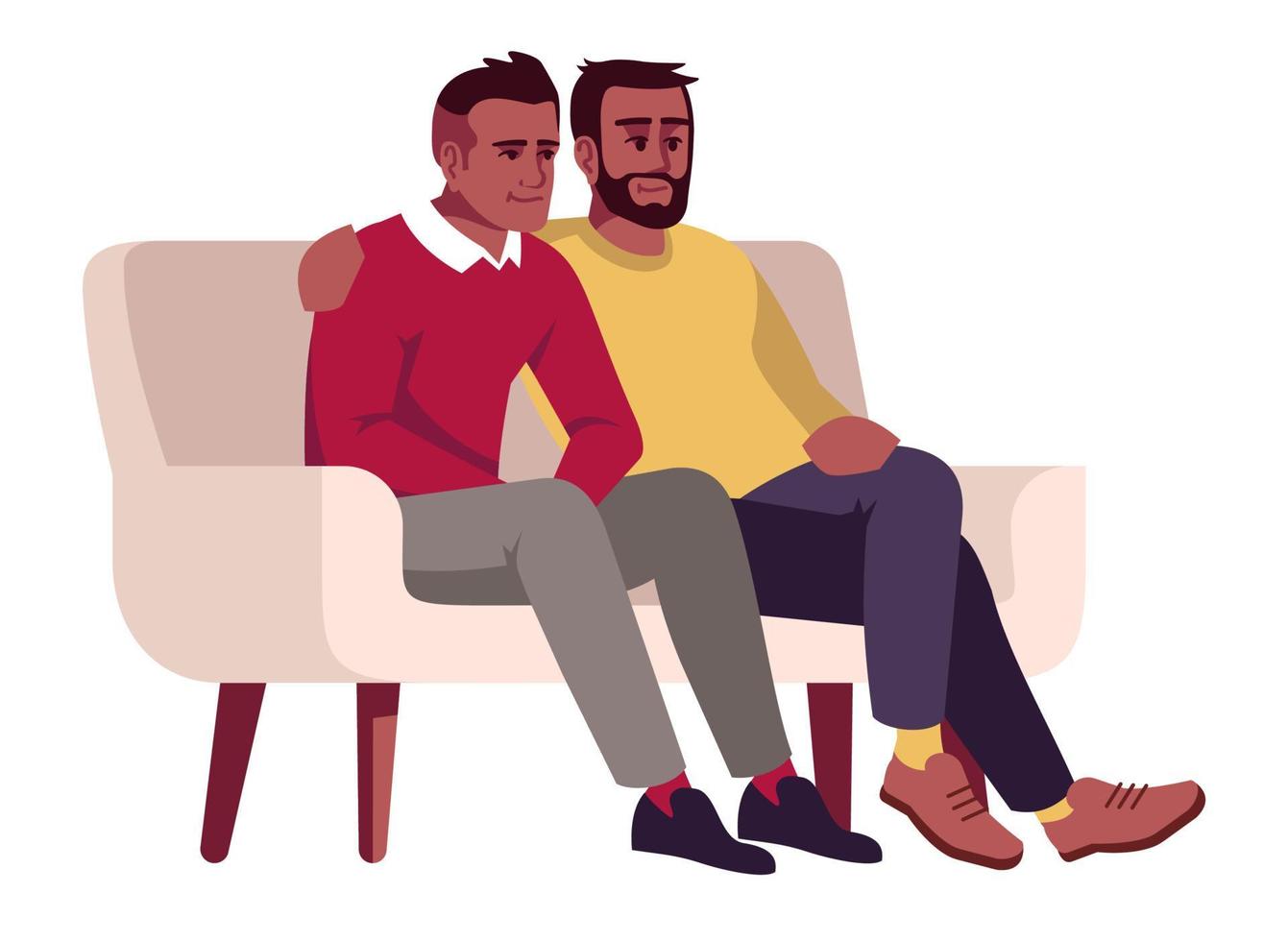 homosexuella par sitter på soffan semi platt rgb färg vektorillustration vektor