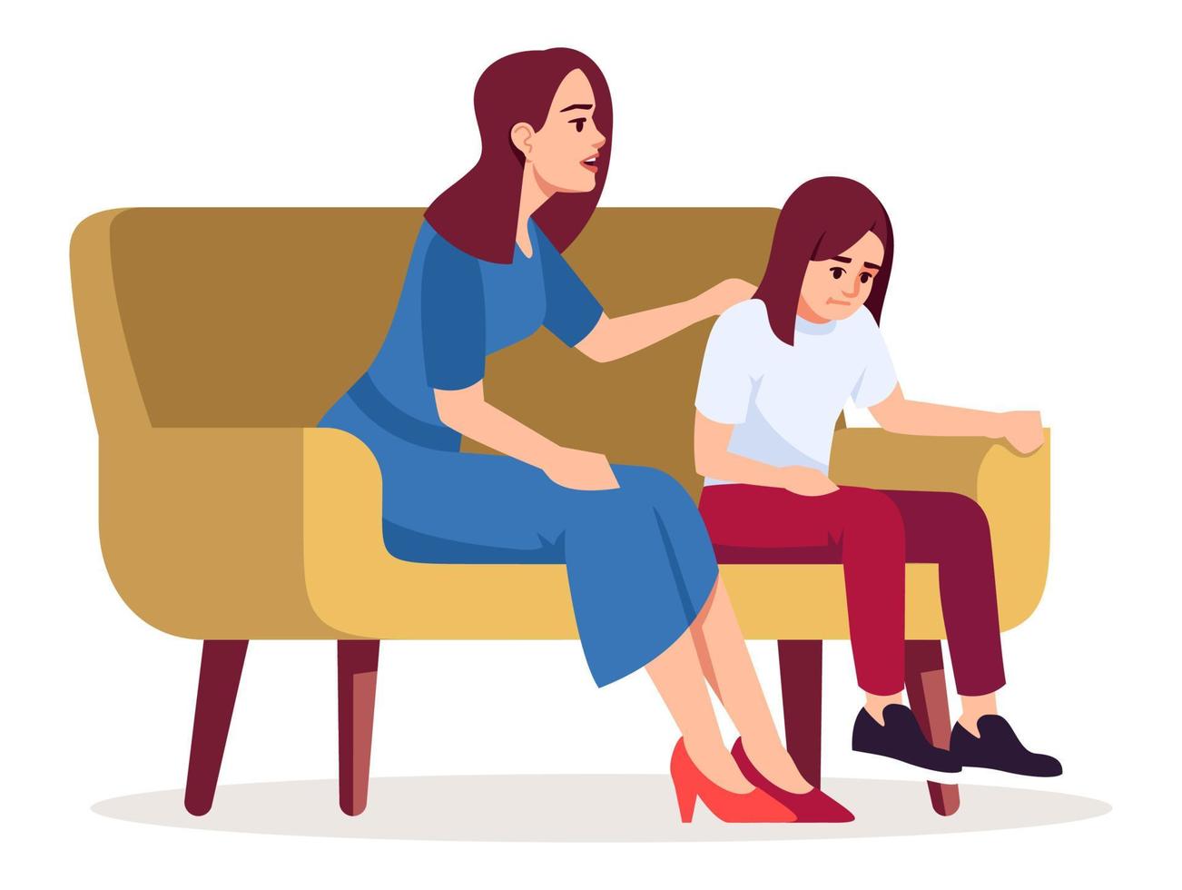 mamma med dotter sitter på soffan semi platt rgb färg vektorillustration vektor