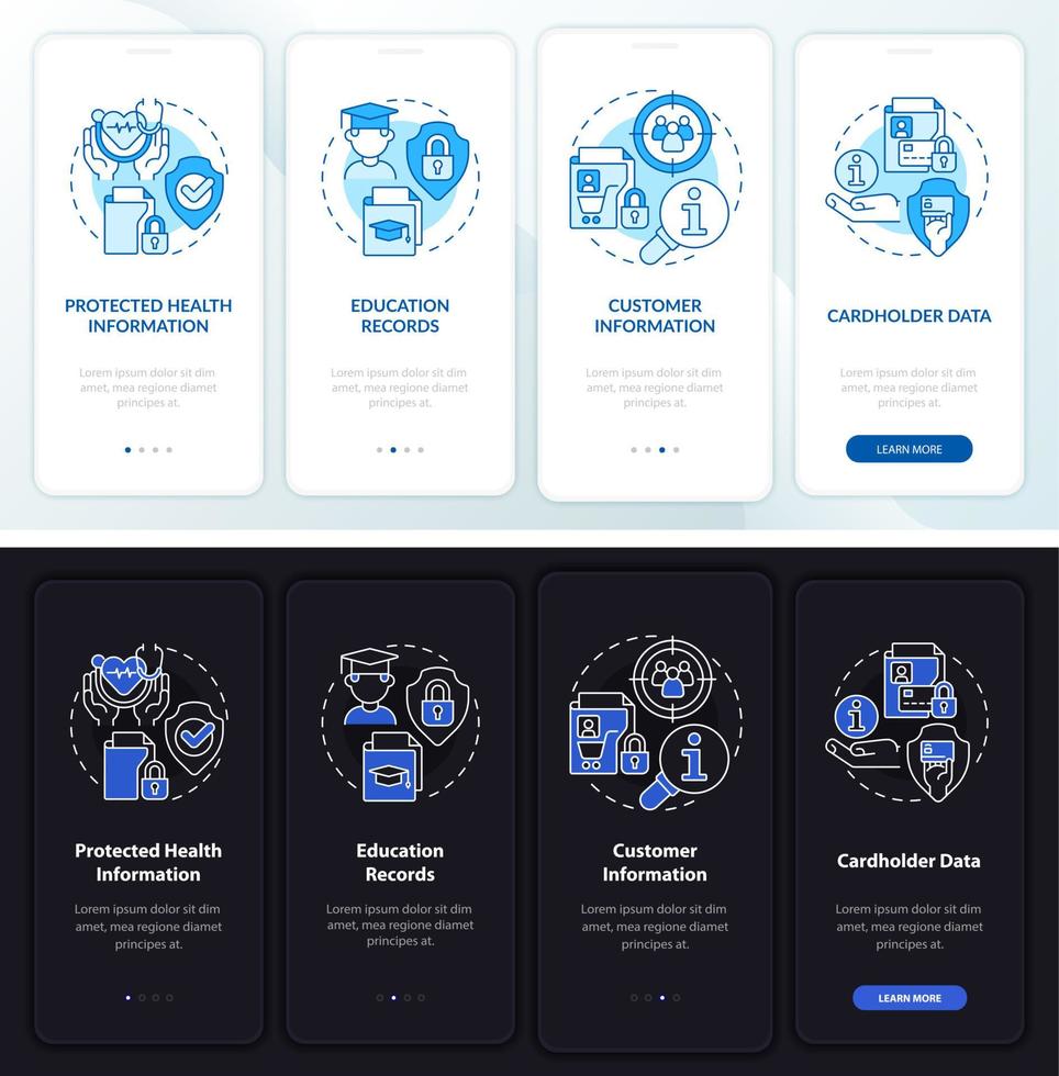 Tag- und Nachtmodus für sensible Daten beim Onboarding des Bildschirms der mobilen App vektor