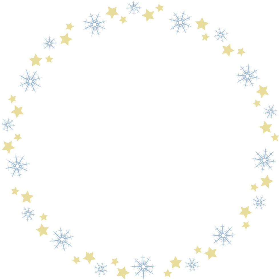 Runder Rahmen mit hellblauen Schneeflocken und gelben Sternen auf weißem Hintergrund. Vektorbild. vektor
