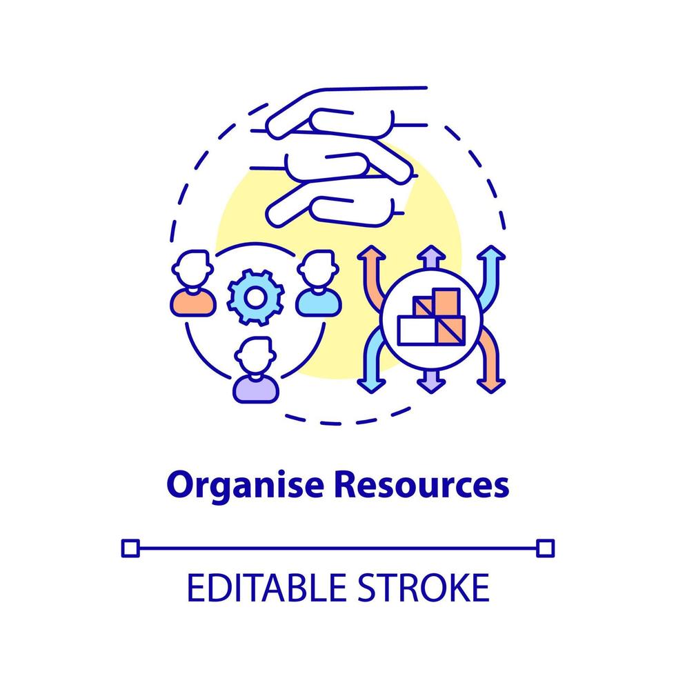 Symbol für das Konzept der Ressourcen organisieren. Verteilung der humanitären Hilfe abstrakte Idee dünne Linie Illustration. isolierte Umrisszeichnung. editierbarer Strich. Roboto-Medium, unzählige pro-fette Schriftarten verwendet vektor