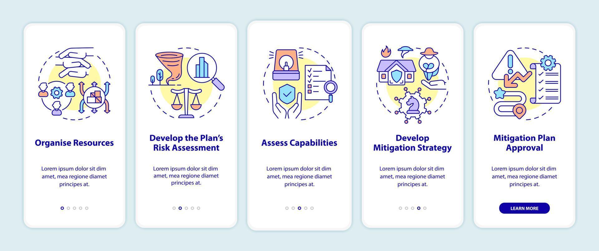 Schritte zur Gefahrenminderung beim Onboarding des Bildschirms der mobilen App. Walkthrough zur Katastrophenprävention 5 Schritte grafische Anleitungsseiten mit linearen Konzepten. ui, ux, gui-Vorlage. Unzählige pro-fette, normale Schriftarten werden verwendet vektor