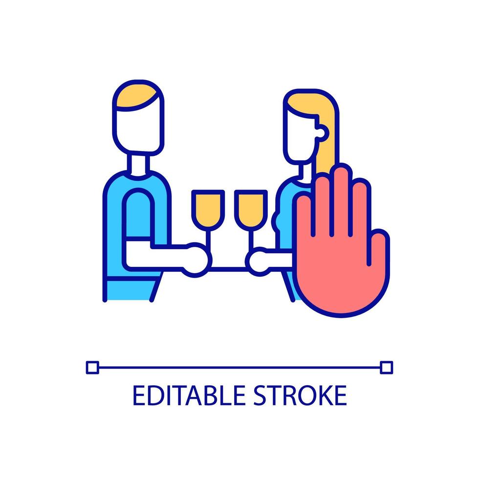 RGB-Farbsymbol für die Einschränkung des Alkoholkonsums. Verbot sozialer Interaktionen. romantische Beziehungen. isolierte Vektorillustration. einfache gefüllte Strichzeichnung. editierbarer Strich. Schriftart Arial verwendet vektor