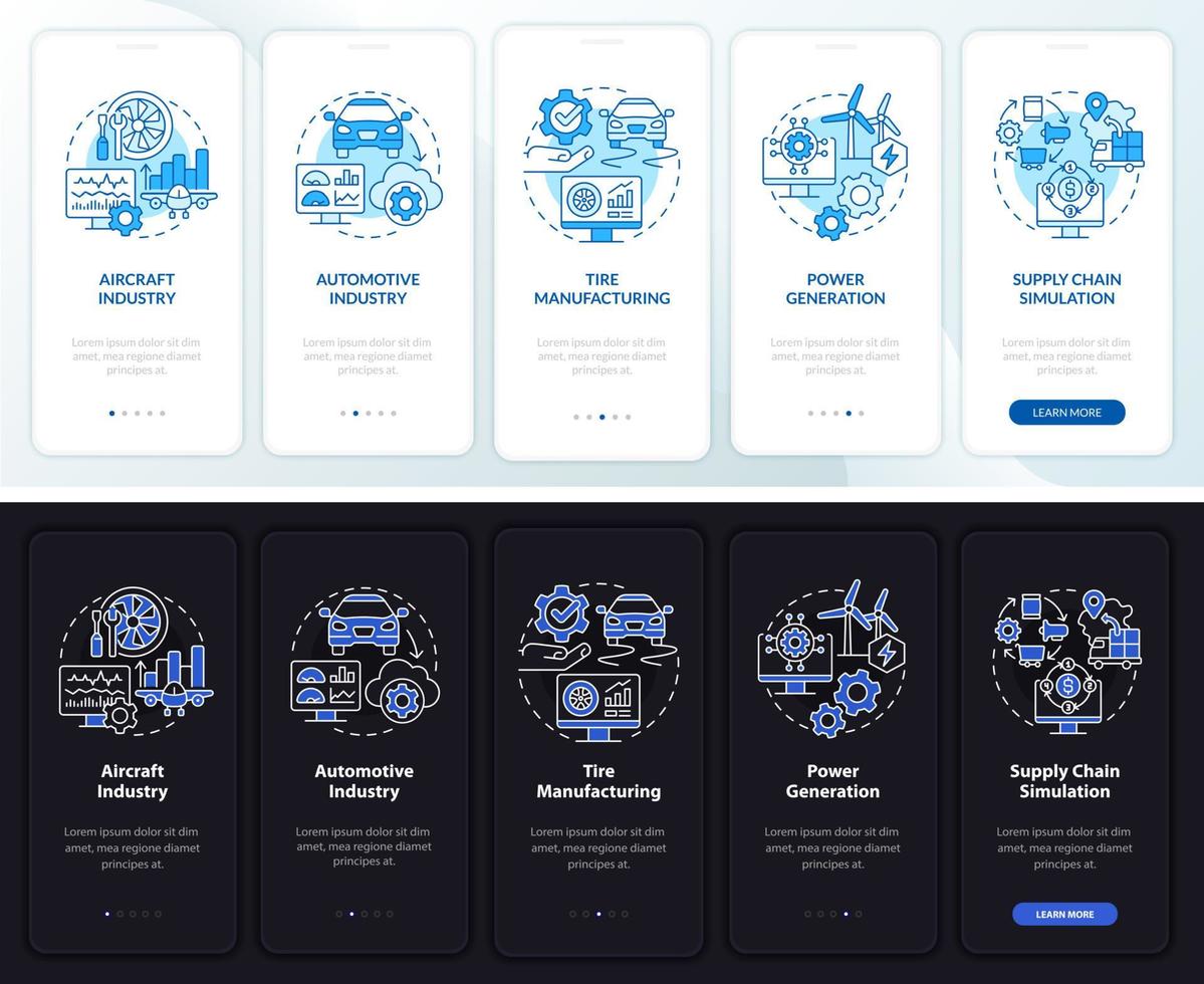 Verwendung des digitalen Zwillings Nacht- und Tagmodus beim Onboarding des Bildschirms der mobilen App. Komplettlösung 5 Schritte grafische Anleitungsseiten mit linearen Konzepten. ui, ux, gui-Vorlage. Unzählige pro-fette, normale Schriftarten werden verwendet vektor