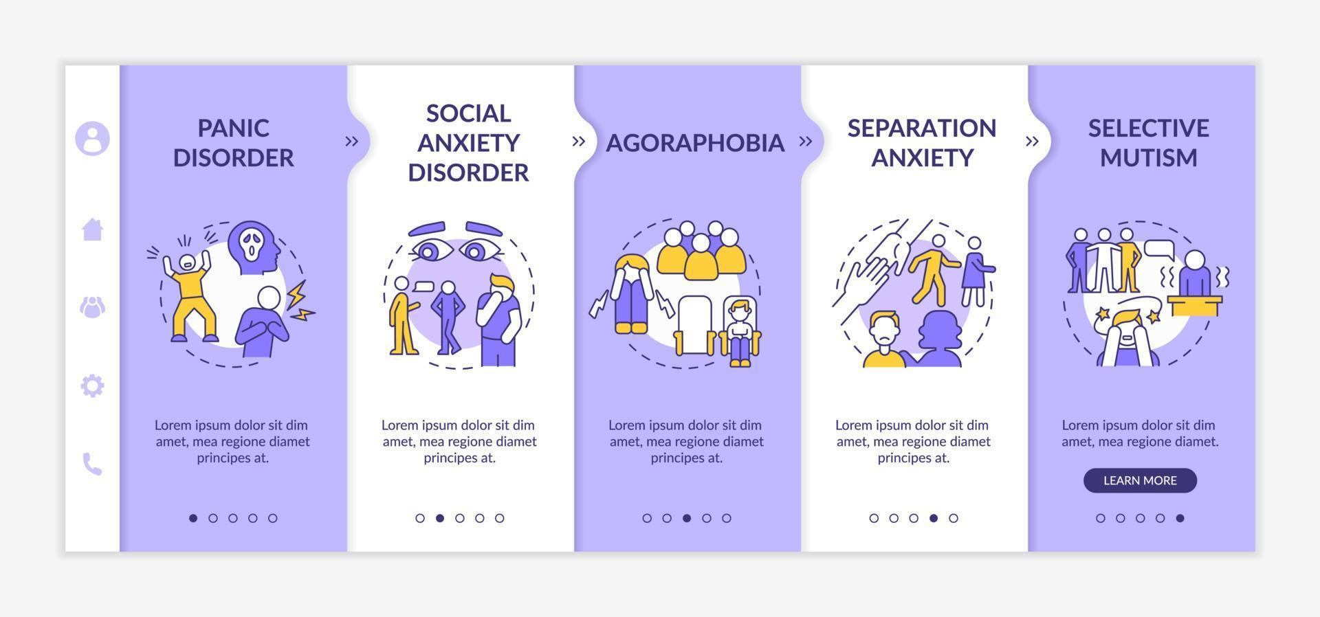 arten von angststörungen lila und weiße onboarding-vorlage. Geisteskrankheit. Responsive mobile Website mit linearen Konzeptsymbolen. Webseiten-Komplettlösung 5-Schritt-Bildschirme. lato-fett, normale Schriftarten verwendet vektor