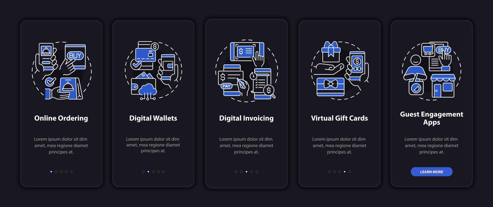 kontaktlose lösung nachtmodus beim onboarding des mobilen app-bildschirms. Service Walkthrough 5 Schritte grafische Anleitungsseiten mit linearen Konzepten. ui, ux, gui-Vorlage. Unzählige pro-fette, normale Schriftarten werden verwendet vektor