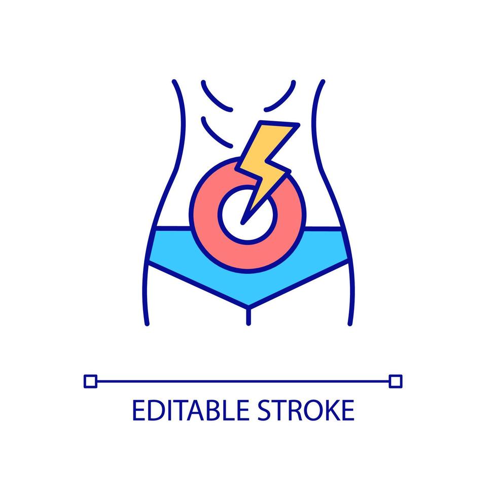 Magenschmerzen rgb-Farbsymbol. plötzliche Bauchschmerzen. Erkrankungen des Verdauungssystems. Blinddarmentzündung. isolierte vektorillustration. einfache gefüllte Strichzeichnung. editierbarer Strich. Schriftart Arial verwendet vektor