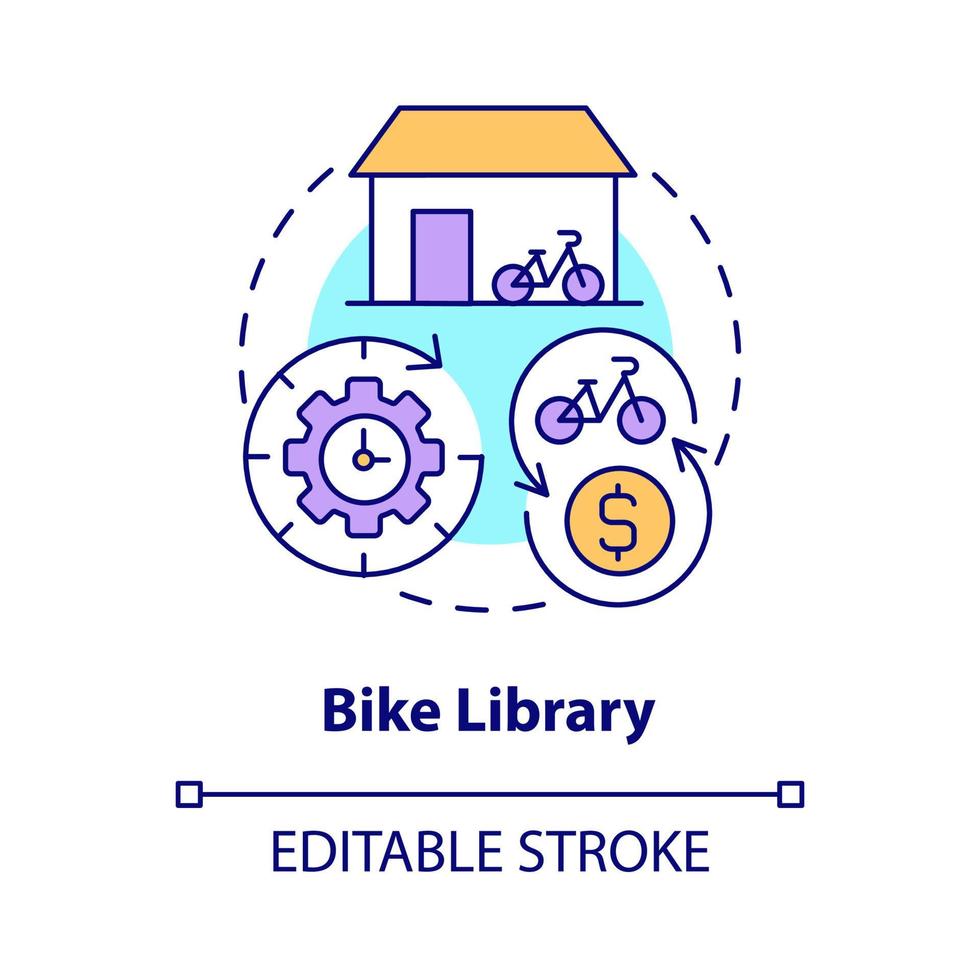 Symbol für das Konzept der Fahrradbibliothek. Fahrrad-Sharing-Kategorie abstrakte Idee dünne Linie Illustration. Verleih von Fahrrädern an Fahrer zur Nutzung. erschwinglicher Transport. Vektor isolierte Umrissfarbe Zeichnung. editierbarer Strich