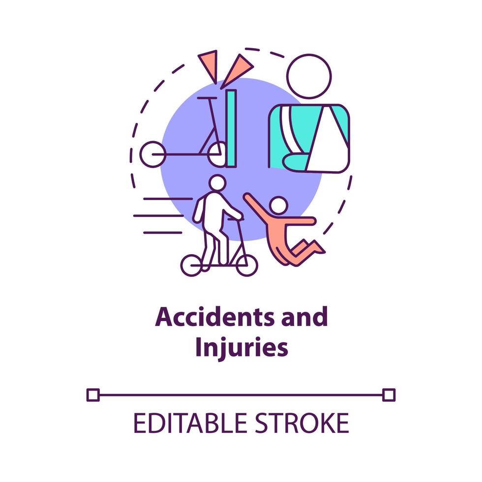 Symbol für das Konzept von Unfällen und Verletzungen. scooter sharing problem abstrakte idee dünne linie illustration. fahrzeugbedingte Kollisionen und Stürze. Vektor isolierte Umrissfarbe Zeichnung. editierbarer Strich