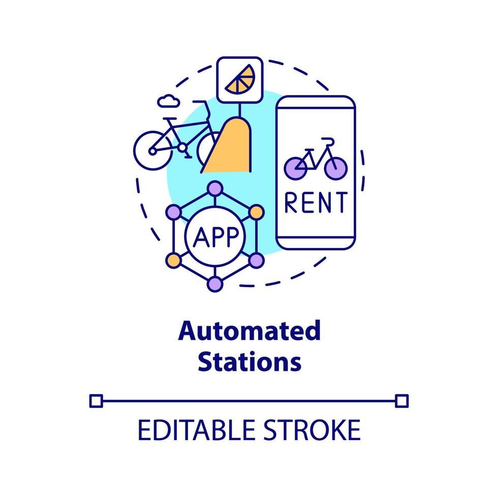 Symbol für das Konzept automatisierter Stationen. Fahrrad-Sharing-Kategorie abstrakte Idee dünne Linie Illustration. automatischer Fahrradverleih. dritte Generation. Vektor isolierte Umrissfarbe Zeichnung. editierbarer Strich