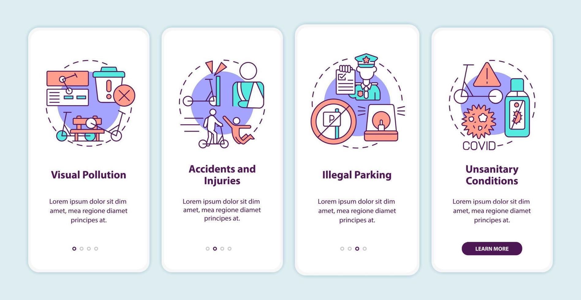 Scooter-Sharing-Probleme auf dem Bildschirm der mobilen App-Seite. Walkthrough zur visuellen Verschmutzung 4 Schritte, grafische Anweisungen mit Konzepten. ui, ux, gui-vektorvorlage mit linearen farbillustrationen vektor