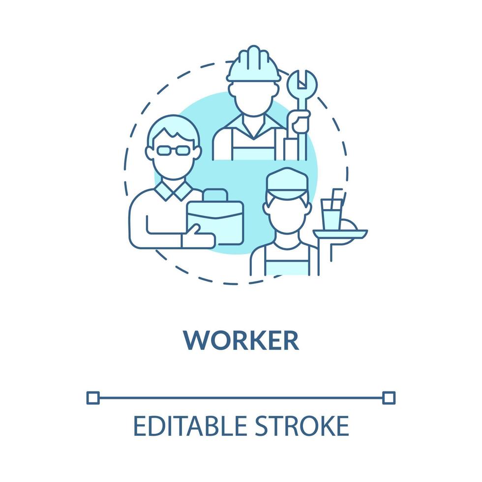 Arbeiter soziale Rolle blaues Konzept Symbol. Mitarbeiterbeteiligung in der Gesellschaft. Engagement in der Gesellschaft nach Typ abstrakte Idee dünne Linie Illustration. Vektor isolierte Umrissfarbe Zeichnung. editierbarer Strich