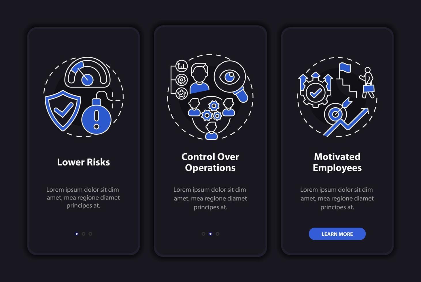 Vorteile des internen Wachstums dunkler Onboarding-Bildschirm der mobilen App-Seite. Komplettlösung 3 Schritte grafische Anweisungen mit Konzepten. ui, ux, gui-vektorvorlage mit linearen nachtmodus-illustrationen vektor