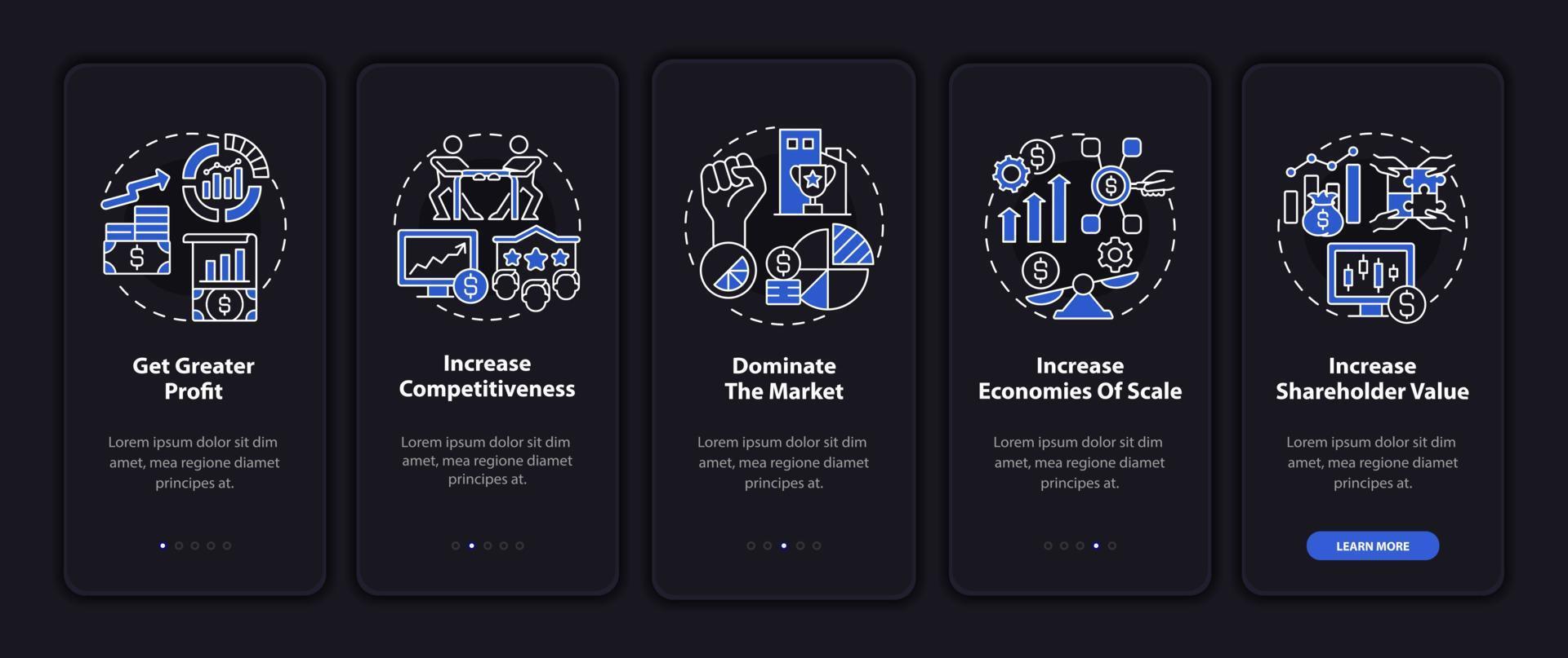 wichtigkeit der erweiterung dunkler onboarding-seitenbildschirm der mobilen app. Komplettlösung 5 Schritte grafische Anweisungen mit Konzepten. ui, ux, gui-vektorvorlage mit linearen nachtmodus-illustrationen vektor