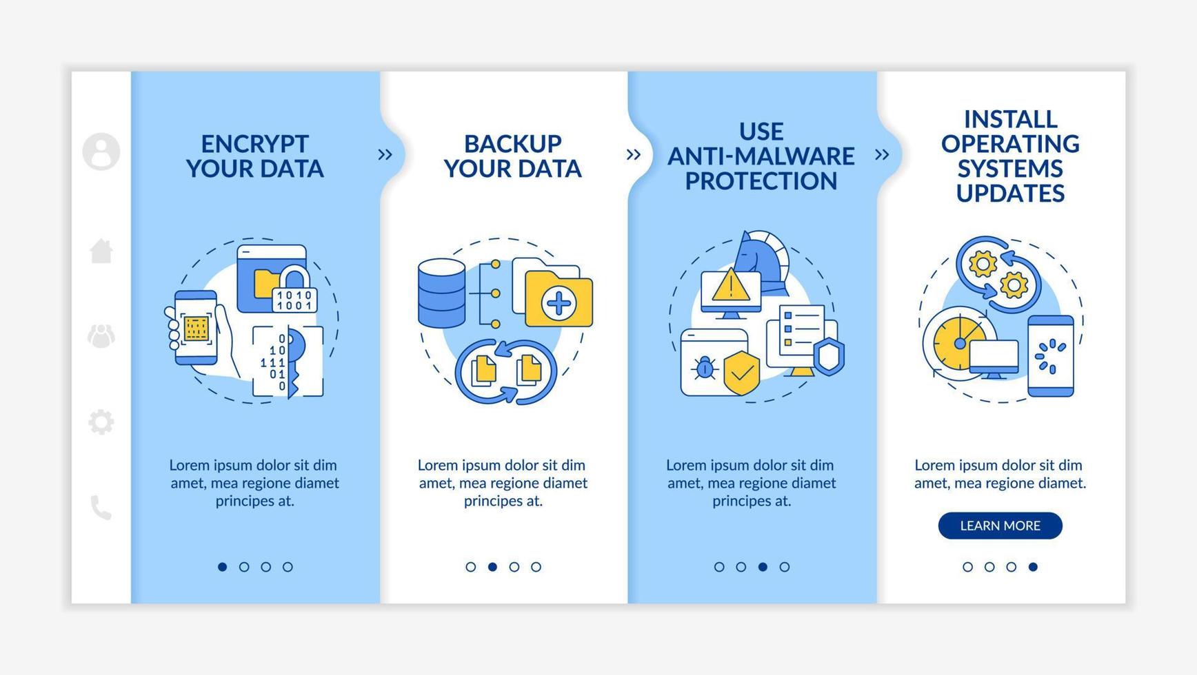 Aufbewahrung personenbezogener Daten geschützter Onboarding-Vektorvorlage. Responsive mobile Website mit Symbolen. Webseiten-Walkthrough-Vier-Schritt-Bildschirme. Farbkonzept für die Internetsuche mit linearen Illustrationen vektor