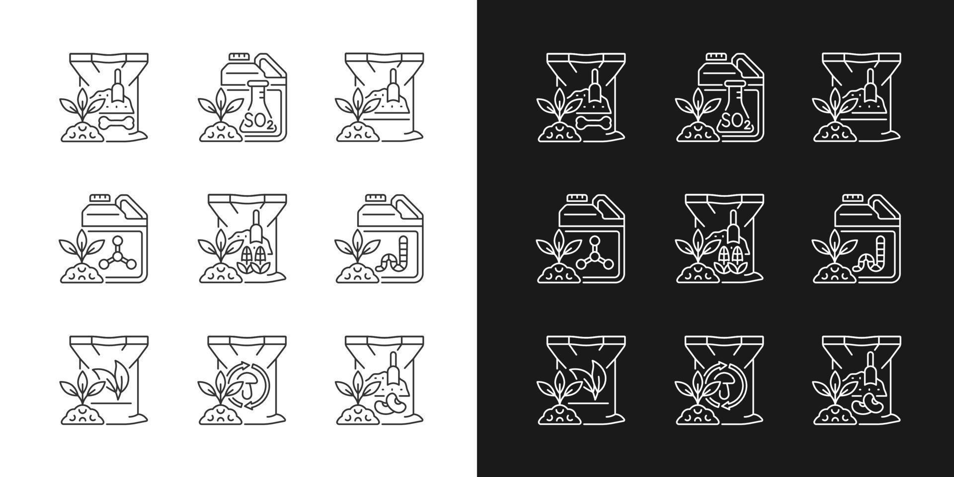 naturliga gödselmedel linjära ikoner inställda för mörkt och ljust läge. organiska tillsatser för mark och växter. anpassningsbara tunna linjer symboler. isolerade vektor kontur illustrationer. redigerbar linje