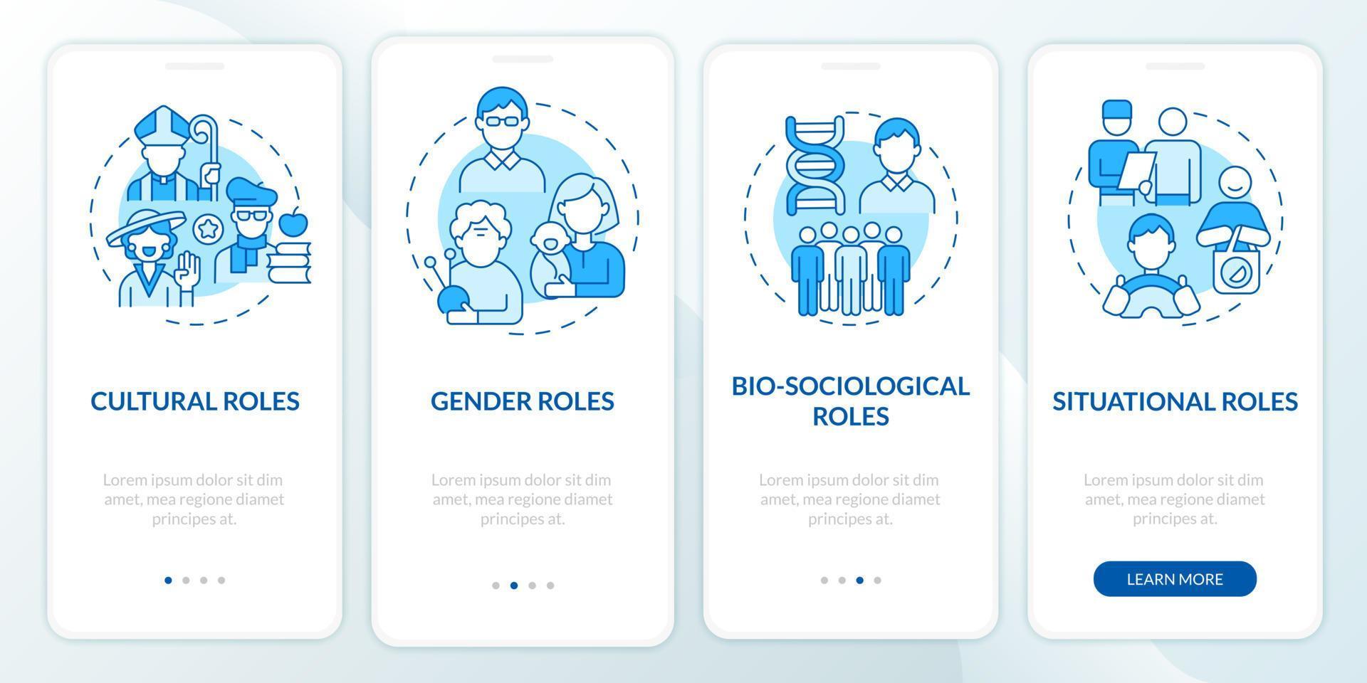 social position blå onboarding mobil app sidskärm. kulturell roll genomgång 4 steg grafiska instruktioner med koncept. ui, ux, gui vektormall med linjära färgillustrationer vektor