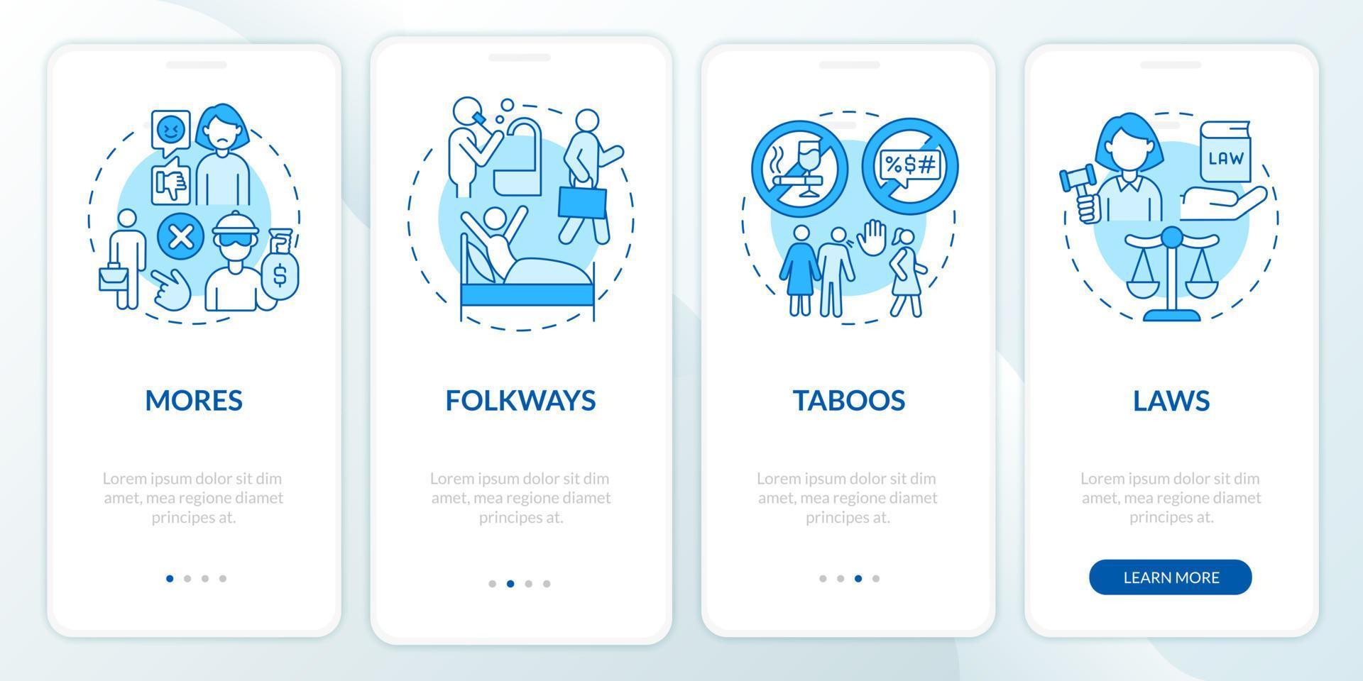 Beispiel für moralische Normen beim Onboarding auf der Seite der mobilen App. Social Rules in Community Walkthrough 4 Schritte grafische Anleitung mit Konzepten. ui, ux, gui-vektorvorlage mit linearen farbillustrationen vektor