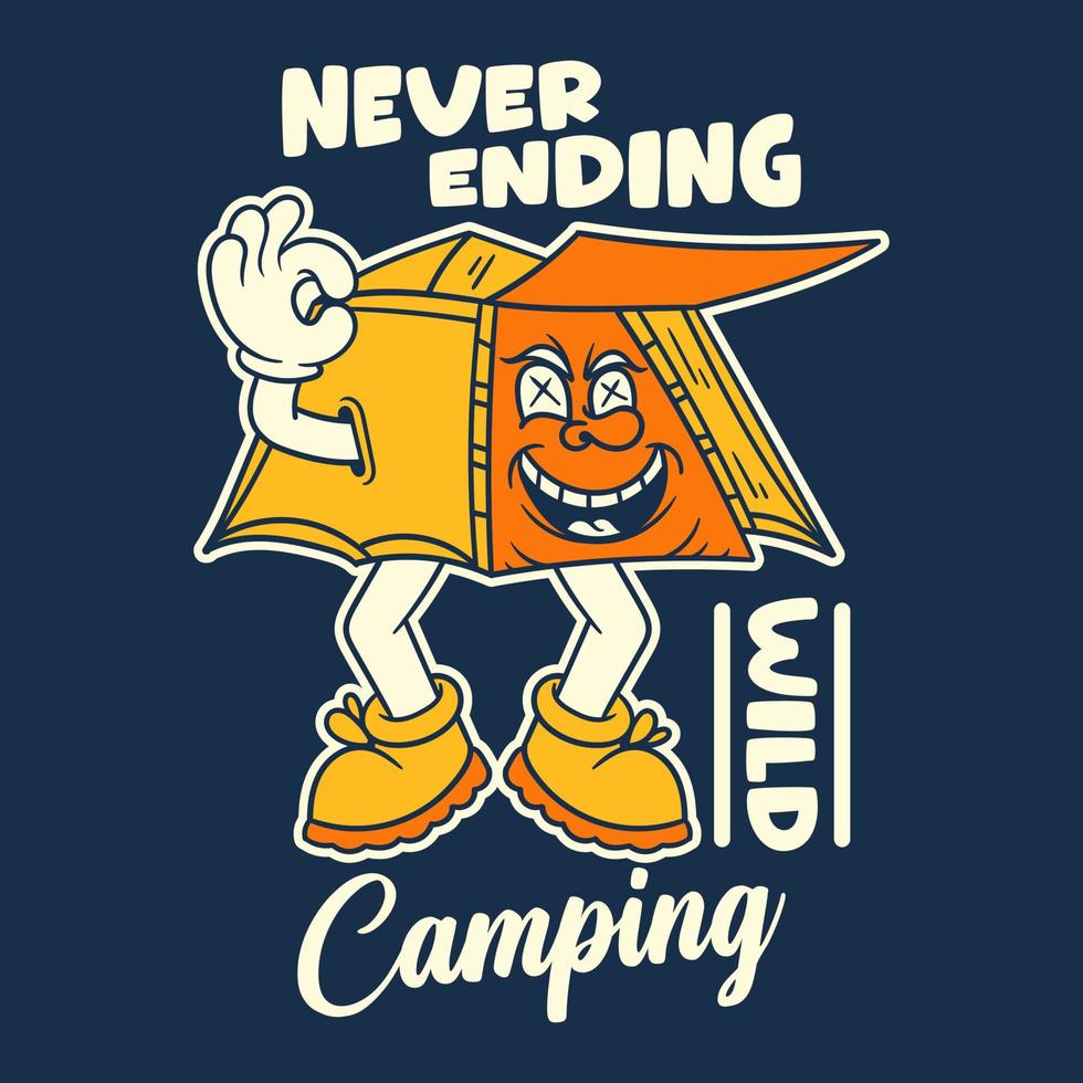aldrig sinande camping tecknad t-shirt design vektor