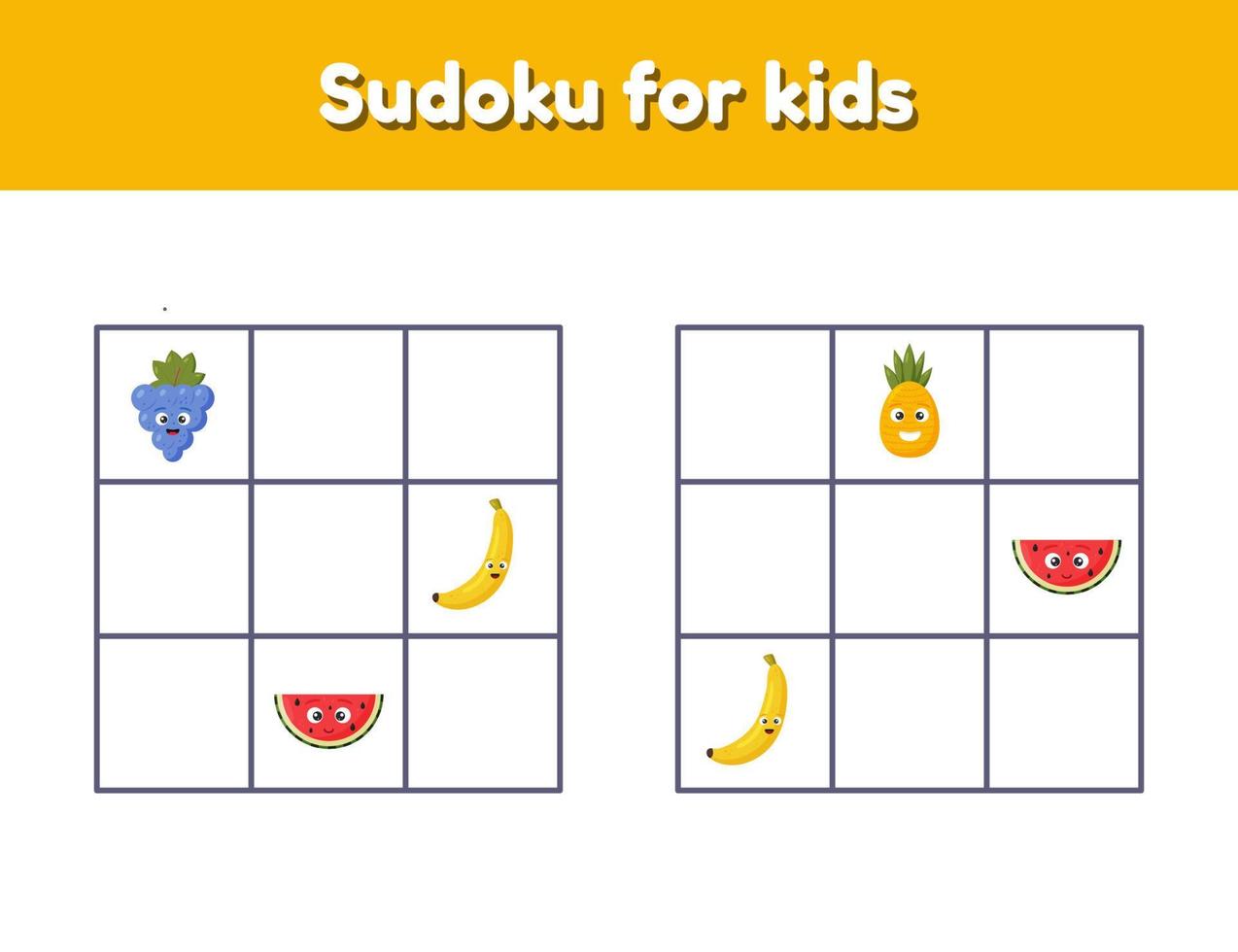 Sudoku für Kinder mit Bildern. Logik-Rebus für Vorschul- und Schulkinder. Lernspiel. Früchte. vektor