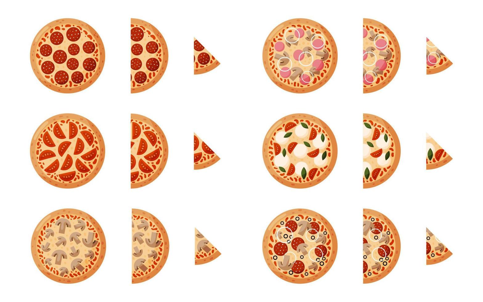 set pizza med pepperoni, tomater, lök, oliver, svamp, skinka. isolated på vit bakgrund. italiensk snabbmat. vektor