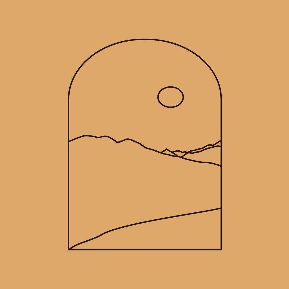 Vektor einfache Illustration im einfachen linearen Stil, minimalistische Boho-Logo-Landschaft mit Berg, Hügel und Sonne.