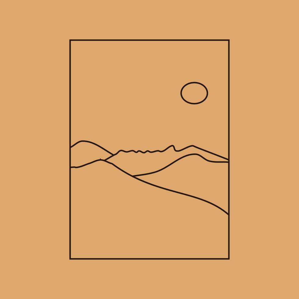 vektor enkel illustration i enkel linjär stil, minimalistisk boho logotyp landskap med berg, kulle och sol.