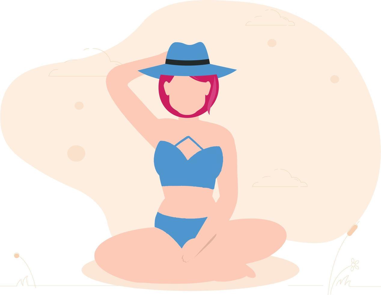 flickan sitter på stranden och bär bikinihatt. vektor