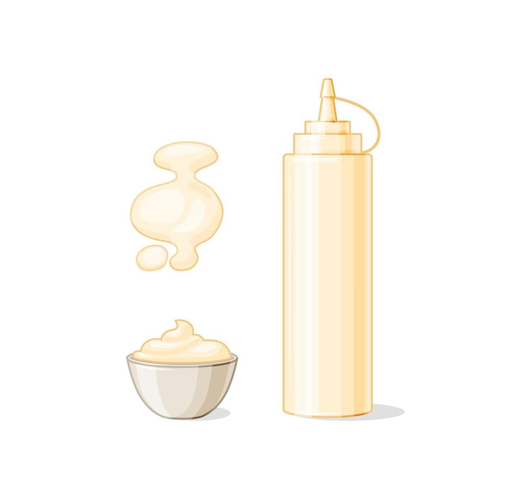 flaska med majonnäs, stänk och en kastrull med en såsuppsättning i stil med en kartong på en vit isolerad bakgrund. vektor illustration för din design