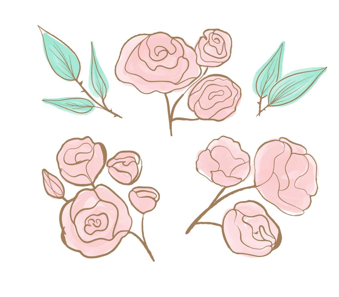Reihe von Blumenzweigen. Blume rosa Rose, grüne Blätter. Hochzeitskonzept mit Blumen. Rosen gezeichnet mit goldener Linie und rosa Aquarell. vektor