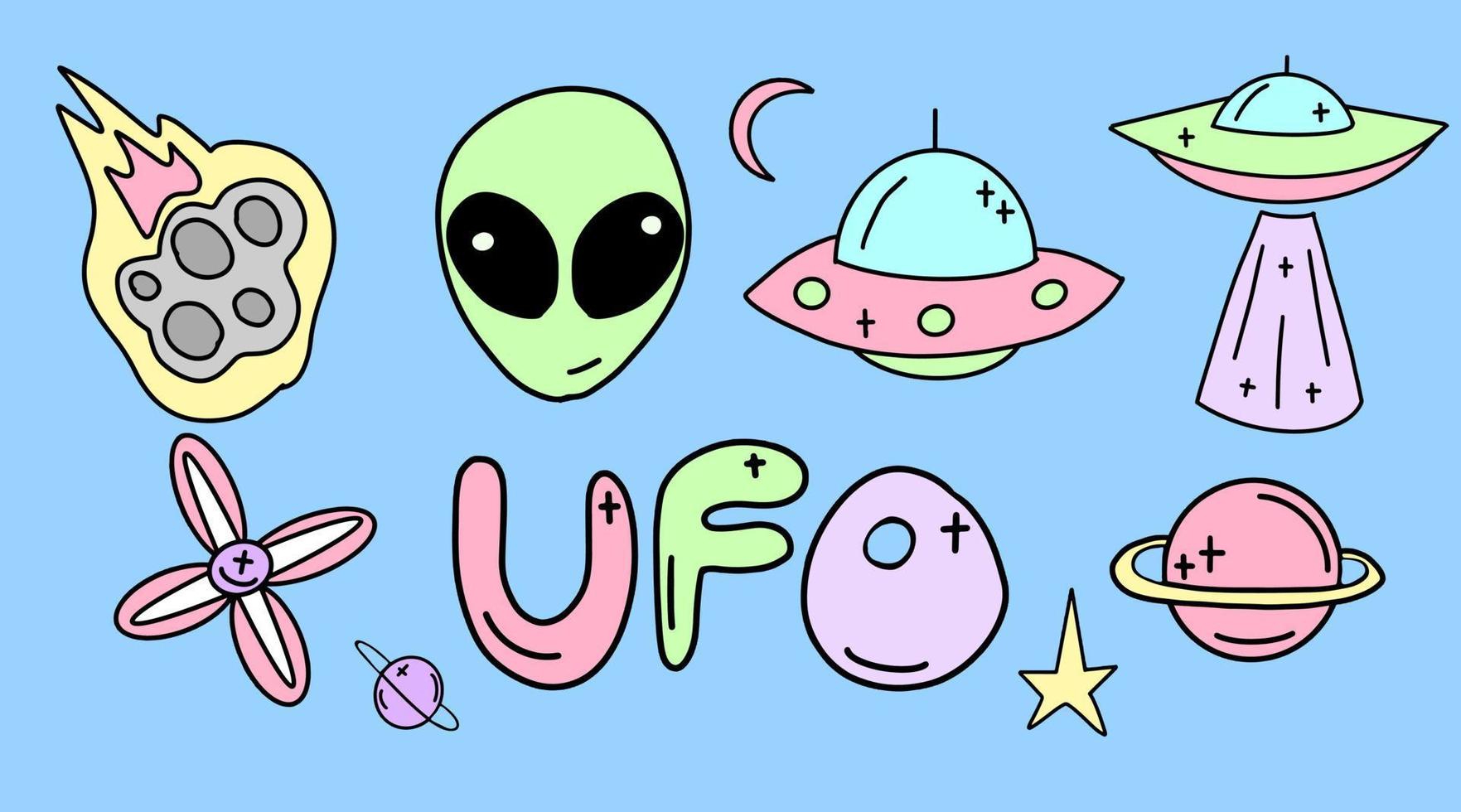 vektorsammlung von ufo, aliens und weltraumobjekten, die im flachen stil gezeichnet sind. raumillustration für kinder. vektor