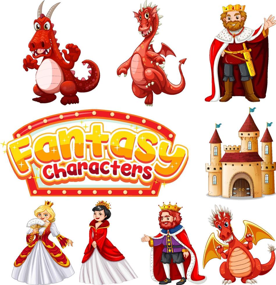Set von Drachen- und Märchenzeichentrickfiguren vektor