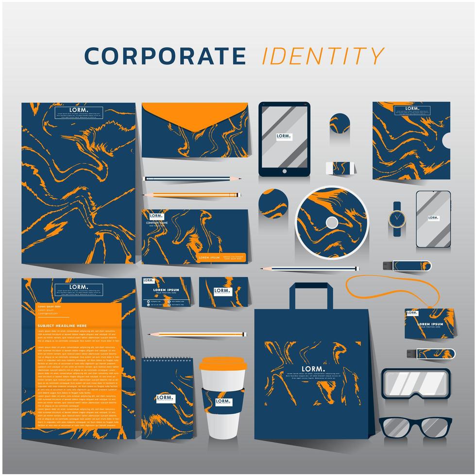 Corporate Identity auf blau mit orange Marmor Design gesetzt vektor