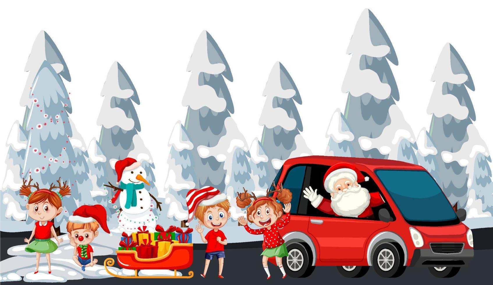 weihnachtsmann, der auto mit glücklichen kindern im weihnachtsthema fährt vektor