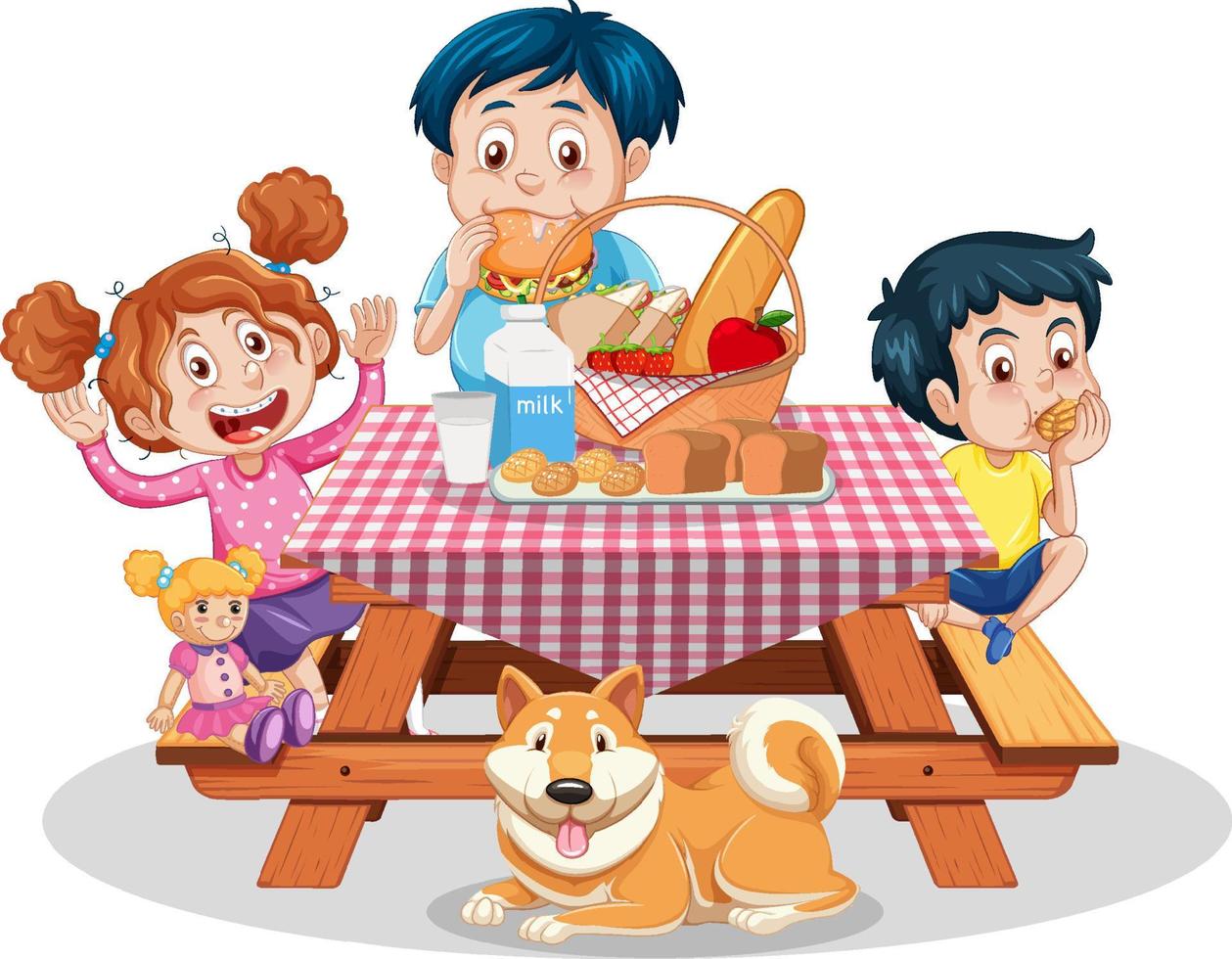 picknickmahlzeit auf weißem hintergrund mit kindern und hund vektor