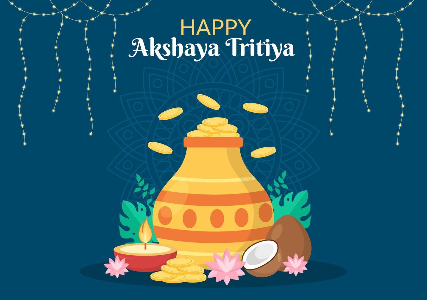 Akshaya tritiya-festival med en gyllene kalash, kruka och guldmynt för dhanteras-firande på indian i dekorerad bakgrundsmallillustration vektor